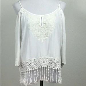 Maurice's fringe cold shoulder top